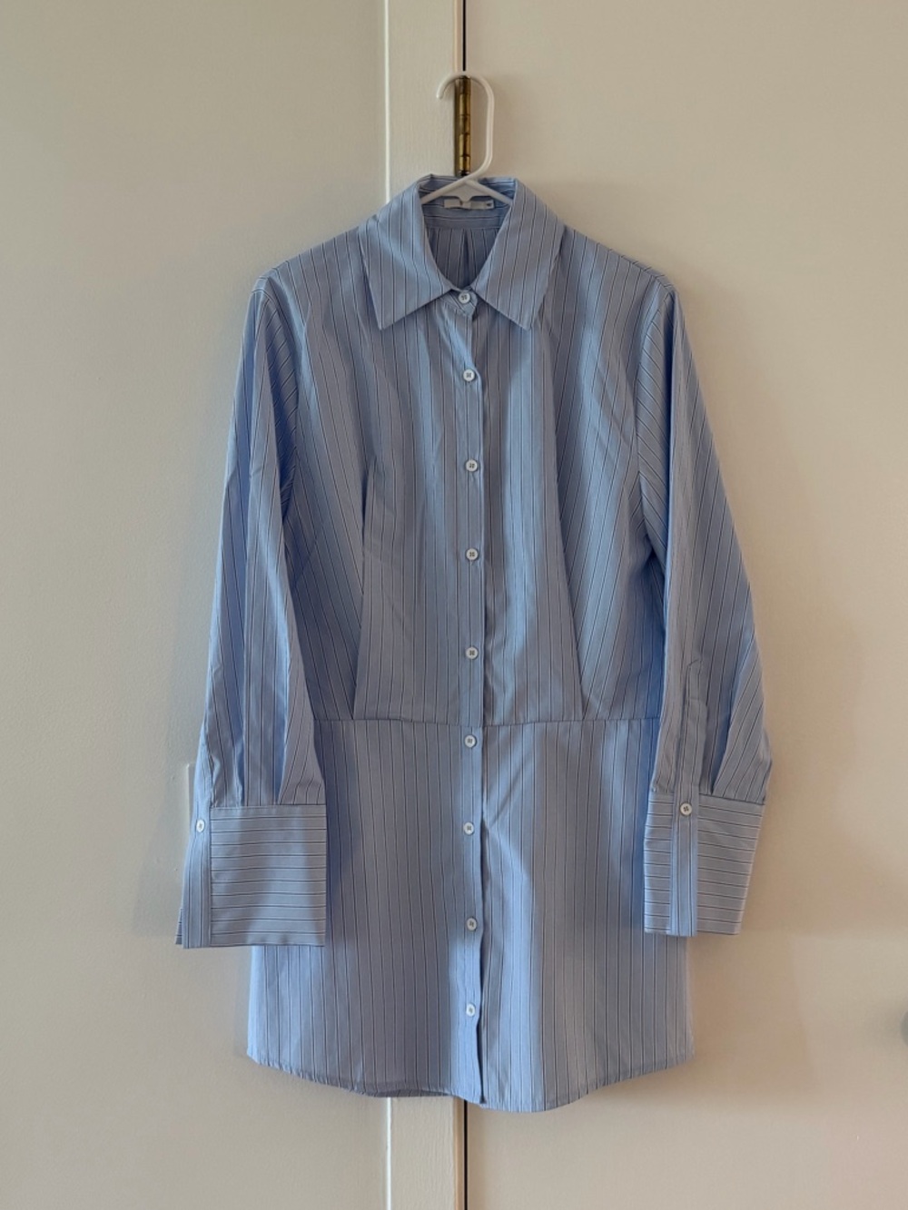 Light Blue Pinstripe Button-Up Shirt Dress